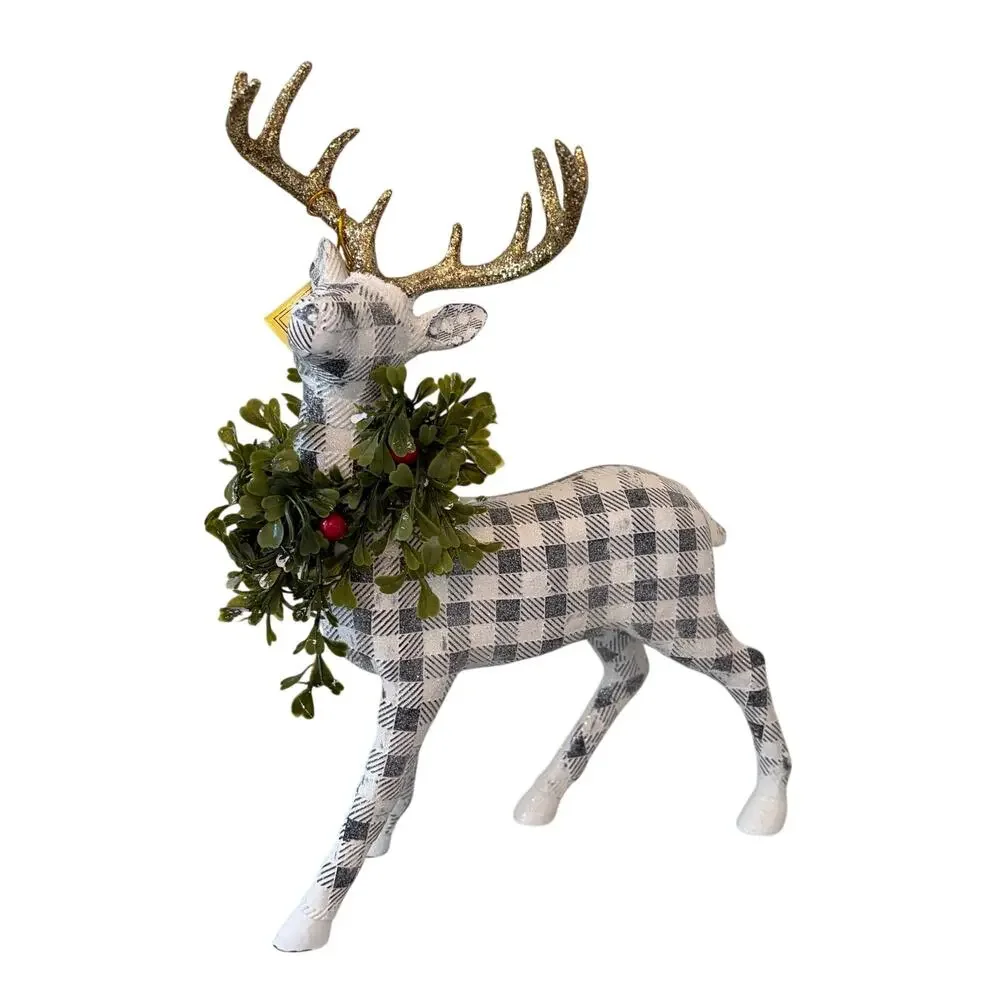 Mark Roberts Plaid Christmas Reindeer Gold Antlers 3pc 13in Holiday Decor NEW